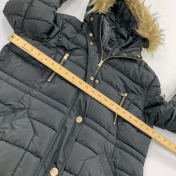 Guess Faux Fur Lined Hooded Puffer Jacket Size XL Womens Solid Black Winter Cold - Picture 10 of 11